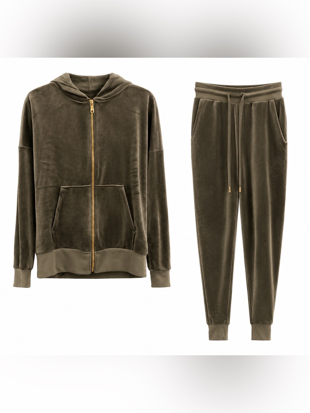 Hoodie Set - Felina Olive Velvet Zip with Gold Zipper
